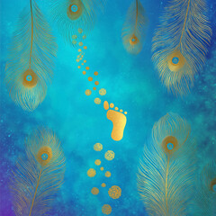 Krishna Janmashtami Background with Soft Blue Gradient and Baby Krishna Footprint Trails