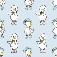 Adorable Seamless Ducks Illustration for Soft Blue Spring Days