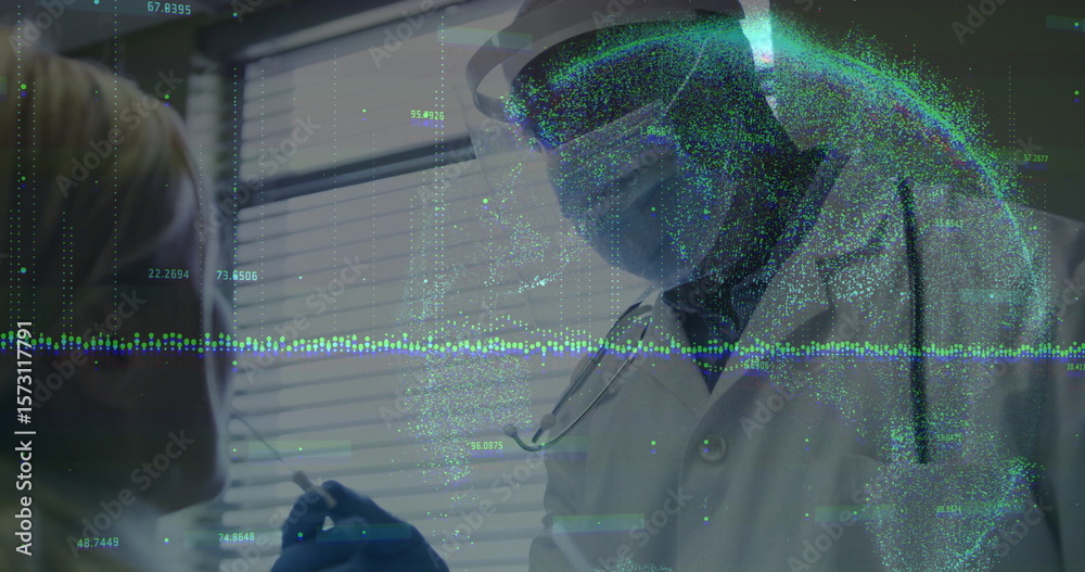 Poster healthcare professional conducting test with data processing image overlay in lab