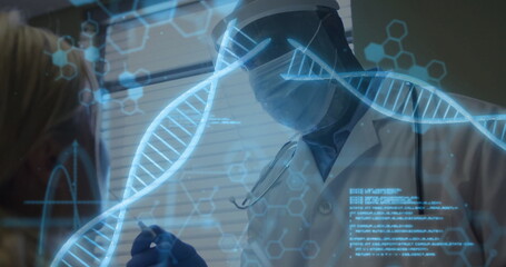Male doctor wearing mask loupes and stethoscope examining patient in clinic, with DNA hologram