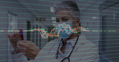 Holding test tube, senior doctor wearing lab coat inspecting sample in hallway, with data overlay