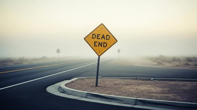 Lonely dead end road with foggy atmosphere and empty roadside landscape
