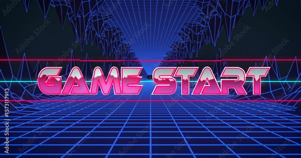 Poster image of retro neon game start text over grid pattern with geometric shapes