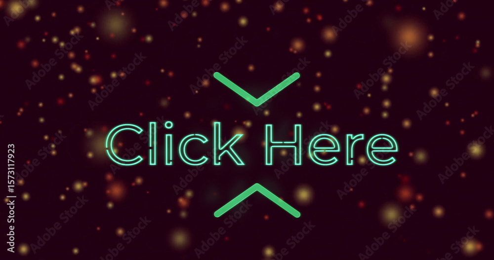 Poster glowing particles surrounding neon click here text in dark image background