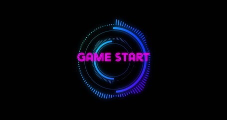 Displaying neon HUD rings and segmented arcs rotating on black background, with magenta GAME START