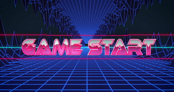 Fototapeta Image of retro neon Game Start text over grid pattern with geometric shapes