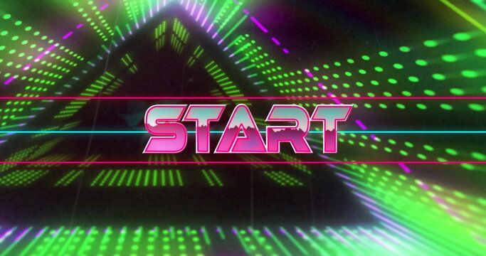 Fototapeta Glowing image, retro neon START text over dynamic green and purple patterns