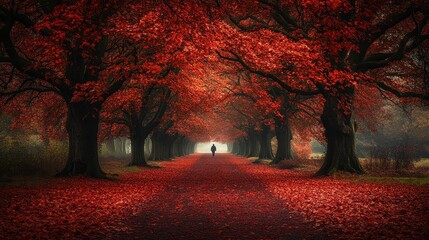 Person walking autumn path, red leaves, misty forest, nature scene, serene wallpaper