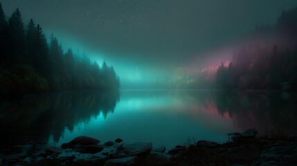 Magical lake with glowing mist