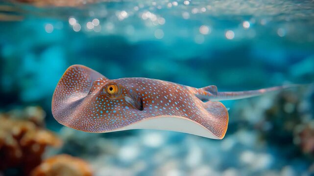 a colorful ray fish swimming under blue ocean 