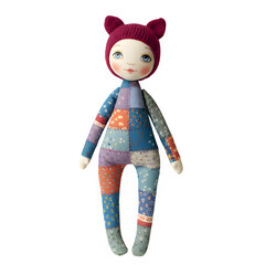 Naklejka premium Handmade patchwork doll wearing a knitted hat in bright colors white background isolate