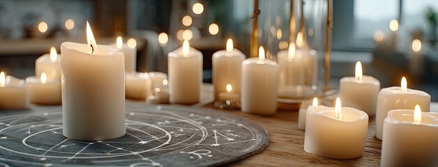 A beautifully crafted table features a detailed zodiac chart, softly lit by candlelight for an enchanting astrological connection