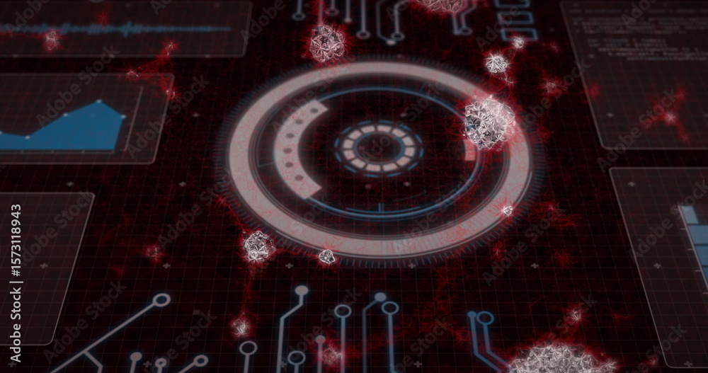 Poster Displaying circular HUD element projecting data on dark grid, with waveform charts and virus models