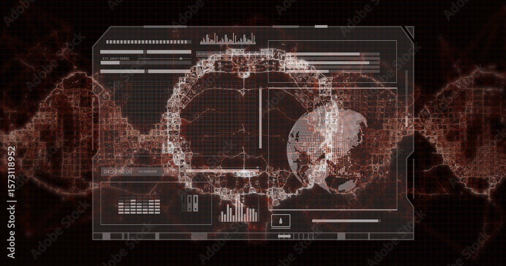 Poster displaying dna double helix lying on grid on data dashboard, with pixelated globe and data panels