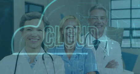 Smiling healthcare professionals with cloud computing image in hospital setting
