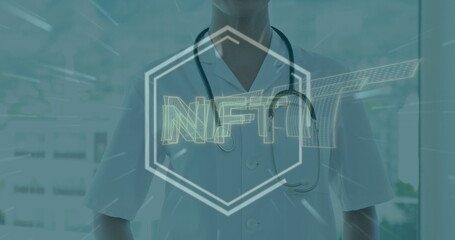 Standing doctor wearing coat, stethoscope in glass corridor, showing NFT hexagon with light streaks