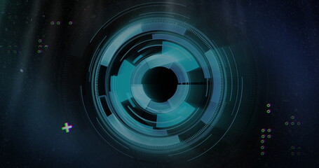 Displaying concentric HUD interface showing radial rings in control panel, with glitch effects