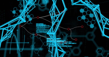 Displaying cyan tubular network in virtual cyberspace, with red nodes, linking lines and blue code