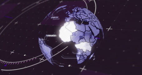 Rotating 3D globe displaying text labels in purple interface with orbit lines and plus-sign markers