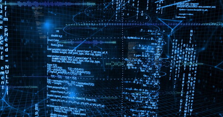 Floating code panels displaying functions and data types in glowing 3D grid, with streaming nodes