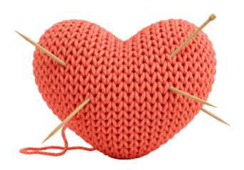 Isolated Knitted Heart Pincushion with Wooden Knitting Needles