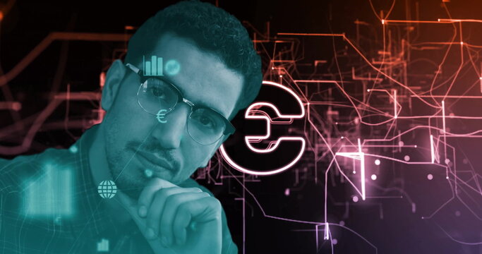 Resting chin on hand analyst wearing shirt, round glasses in virtual control room, with euro symbol