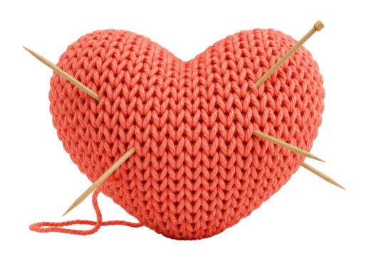 Isolated Knitted Heart Pincushion with Wooden Knitting Needles