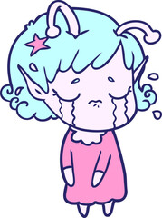 cartoon crying alien girl in bright neon color