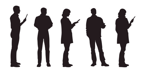 A collection of isolated vector silhouettes of individuals performing common office tasks: typing on a laptop, talking on the phone, presenting, collaborating, drinking coffee. Each figure is a clean,