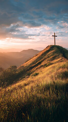 Obraz premium Peaceful hill with a wooden cross at sunrise, faith journey concept 
