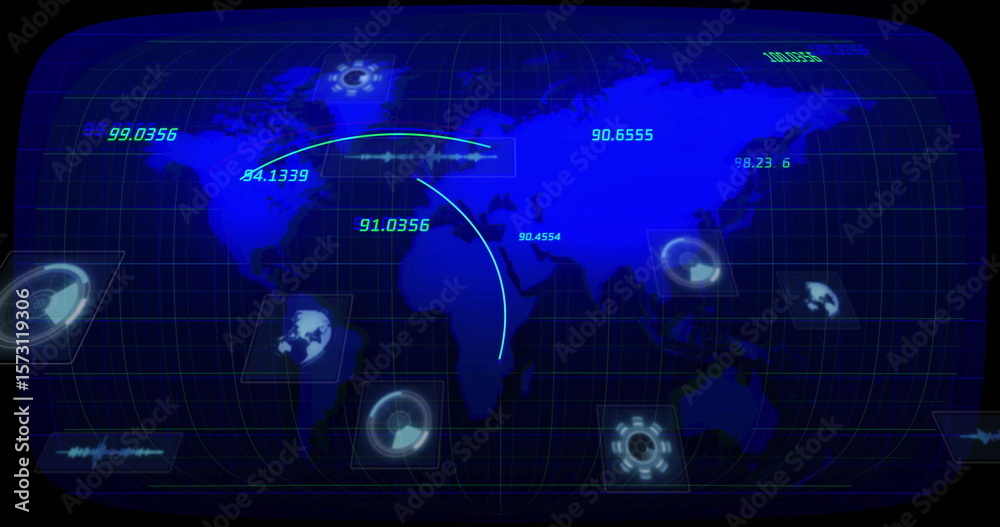 Poster Displaying graphical interface with world map, numeric labels on grid and curved arcs on dashboard