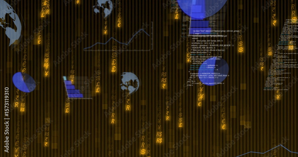 Poster streaming centered cluster displaying data interface, with currency symbols, globes and code text