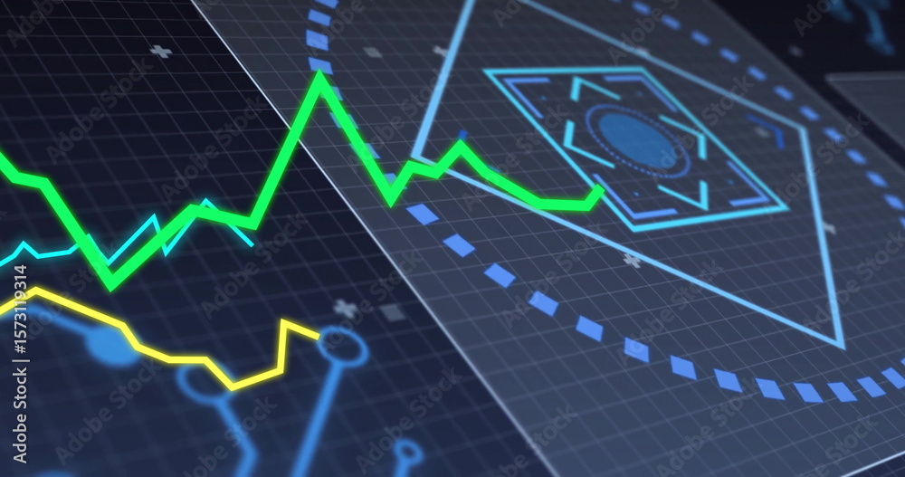 Poster Displaying neon green and yellow graph moving over grid interface, with hexagon and dashed circles