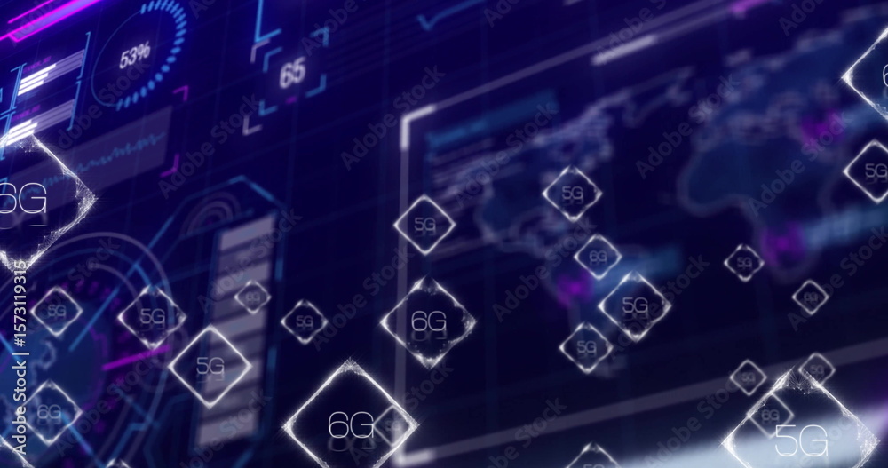 Poster displaying floating 5g and 6g icons in virtual dashboard with gauge and data charts