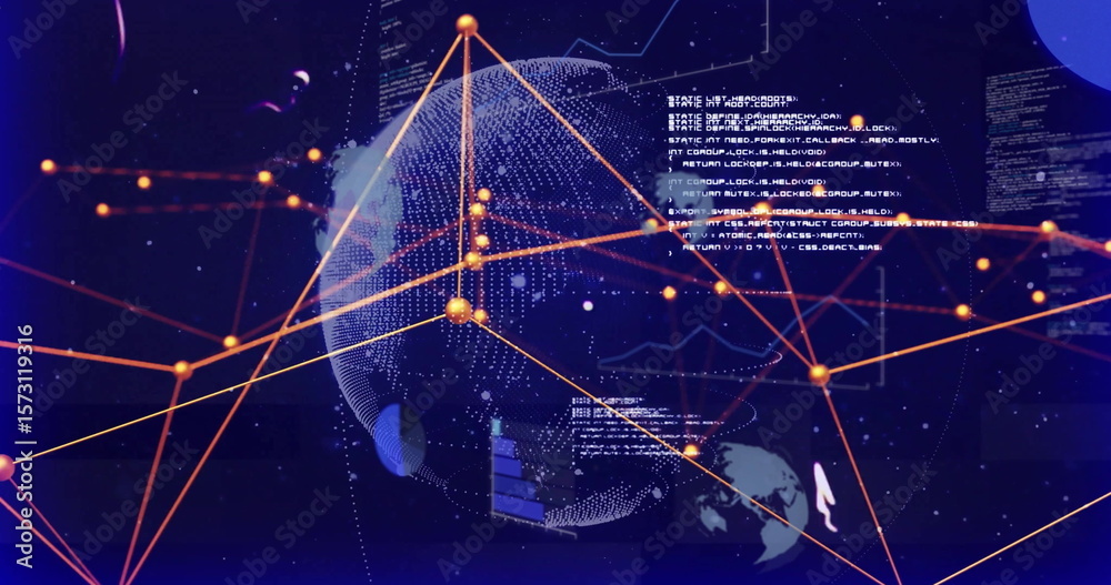 Poster Displaying dotted globe linking orange network nodes in visual data scene, with bar charts and code