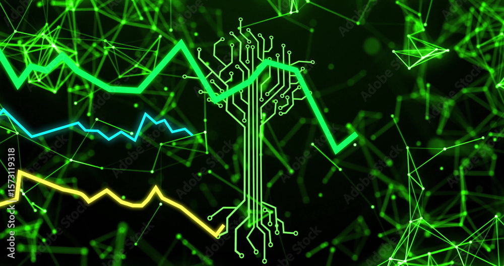 Poster displaying circuit-tree graphic connecting network nodes in digital grid, with neon line graphs