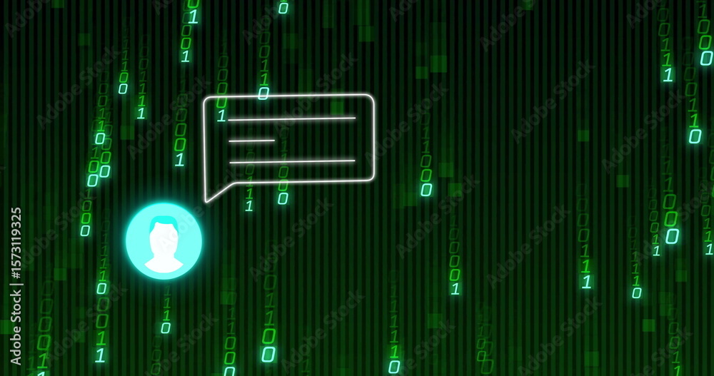 Poster flowing green binary code streaming over grid, framing cyan avatar with chat bubble, copy space