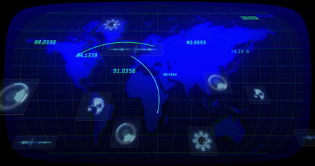 Displaying graphical interface with world map, numeric labels on grid and curved arcs on dashboard