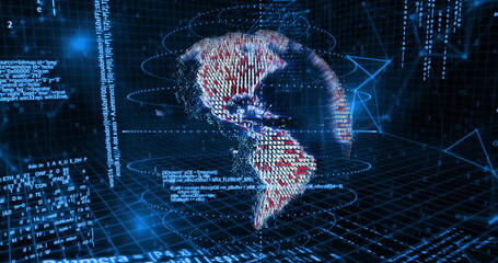 Rotating red and white points forming 3D globe over dark-blue grid, with light rings, code snippets