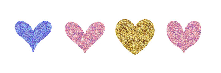 Set of funny hearts with golden glitter texture and sparkling shine. Vector design element for Valentine s day holiday, Engagement cards.