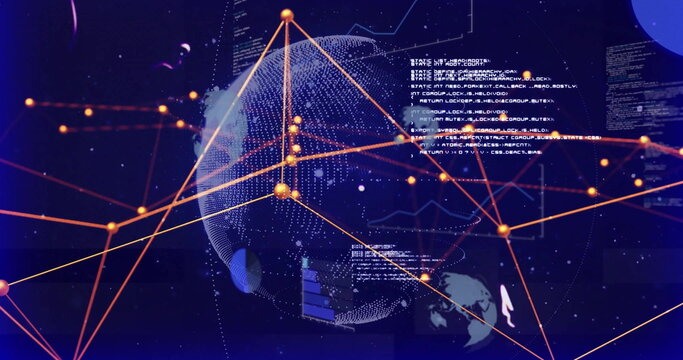 Displaying dotted globe linking orange network nodes in visual data scene, with bar charts and code - Powered by Adobe