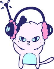 cute cartoon cat with headphones in bright neon color