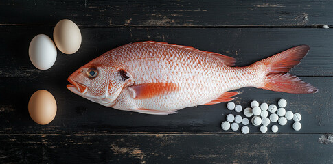 A whole red snapper fish, eggs, and two pills on a black wooden background