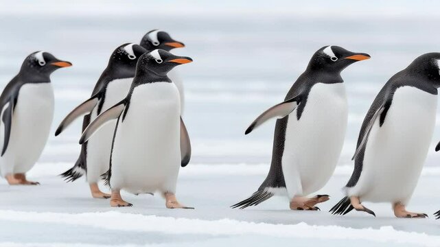 Group of penguins waddling on icy snow in cold wildlife environment with calm bird animal mood