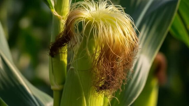 Close up evolving growth stages of fresh corn silk on healthy green stalks under natural sunlight