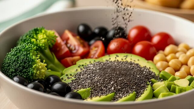 Healthy eating bowl with assorted fresh vegetables and fruits chia seeds are being added
