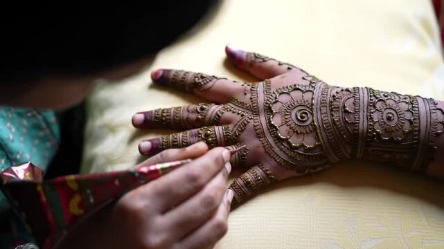 An artist s skilled hands are creating intricate floral henna patterns on the bride s delicate skin