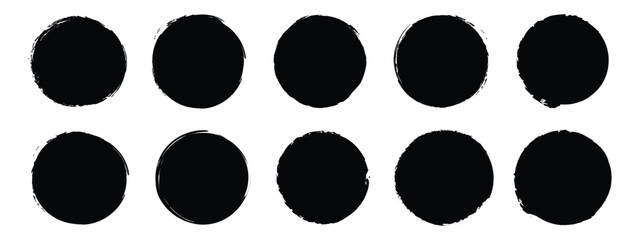 Set of black round banners painted circle. grunge circles shapes on a white background. Grunge round shapes. Grunge banner and paint brush stamps.	
