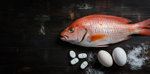 A whole red snapper fish, eggs, and two pills on a black wooden background