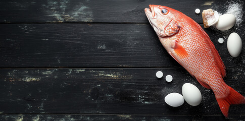 A whole red snapper fish, eggs, and two pills on a black wooden background